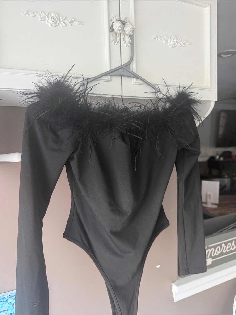 Black Feather-Trim Off-Shoulder Bodysuit